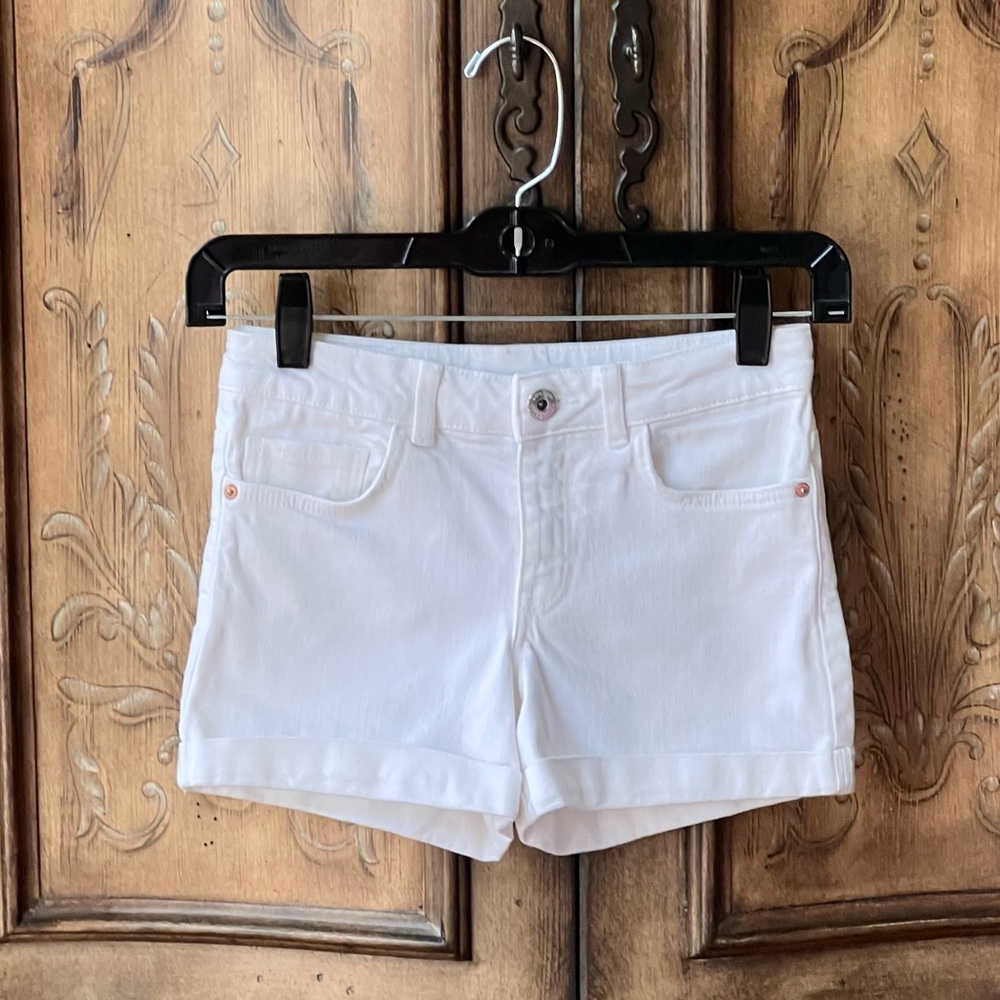 Zara White Denim Shorts Rolled Hem Stretch 5 Pocket Button Front Sz 9